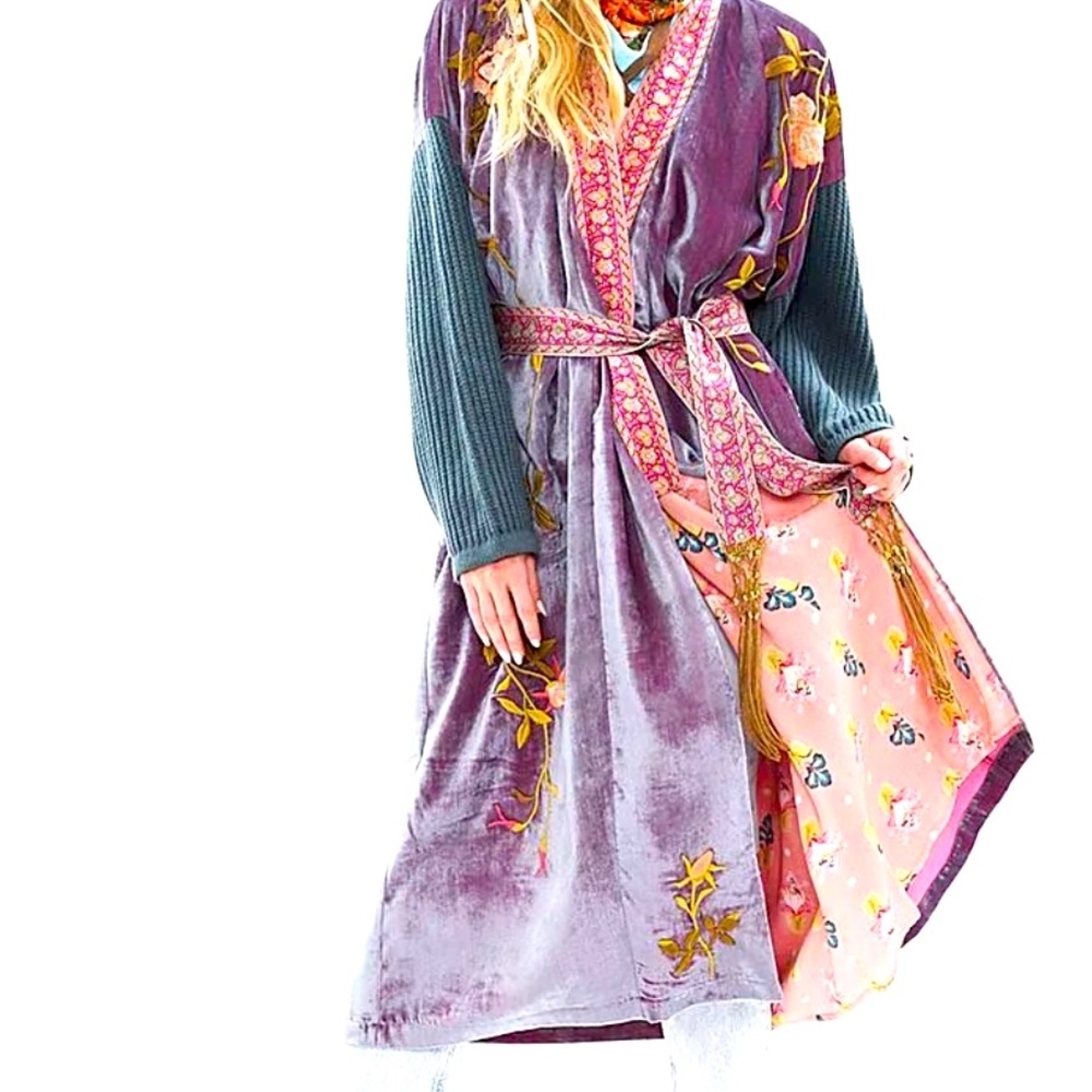 Aratta Journey gorgeous embroidered velvet kimono jacket XS